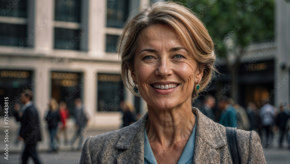 Elegante donna di 50 anni che lavora nel distretto finanziario di Londra sorridente prima di iniziare la giornata di lavoro - obrazy, fototapety, plakaty 