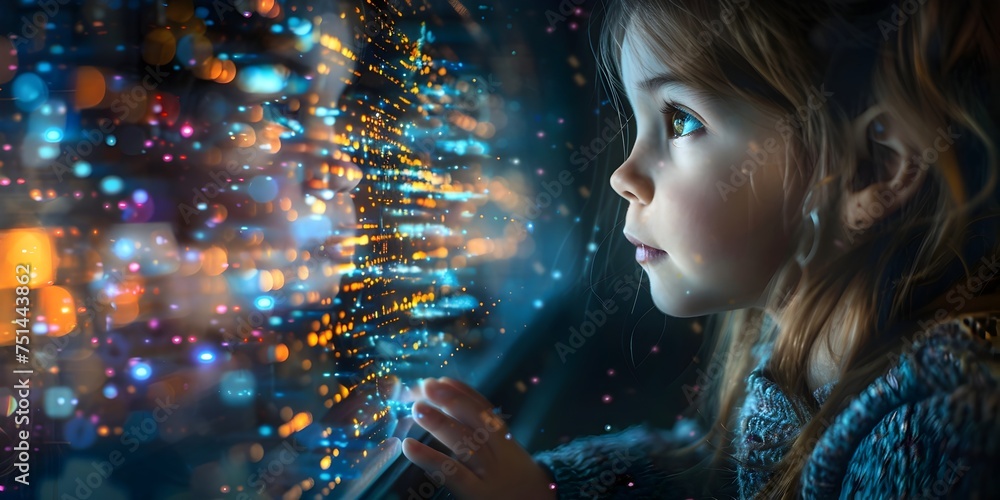 Little Girl Staring Out of Window at City Lights, To capture the sense of wonder and curiosity of a child experiencing Little Girl Staring Out of Window at City Lights, To capture the sense of wonder and curiosity of a child experiencing