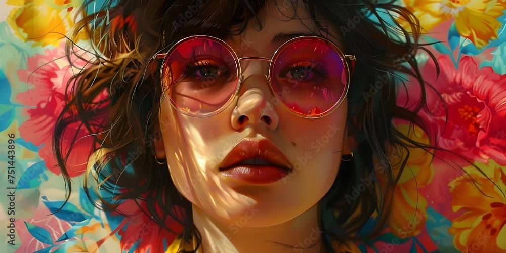 Girl in Pink Shades with Flower Background in Realism Style, To provide a visually striking and unique image of a girl with pink shades and