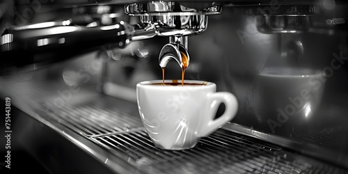 Espresso Machine Pouring Hot Coffee into Cup in Black and White, To provide a high-quality and visually striking image of an espresso machine pouring