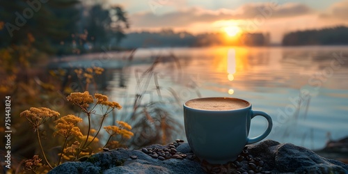 Fototapeta Naklejka Na Ścianę i Meble -  Coffee Cup on a Rock at Sunset by the Lake, To provide a calming and peaceful image of a coffee cup at sunset by the lake