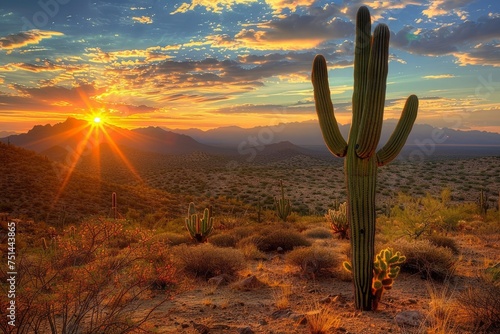A desert landscape with a cactus in the foreground and a sun in the background