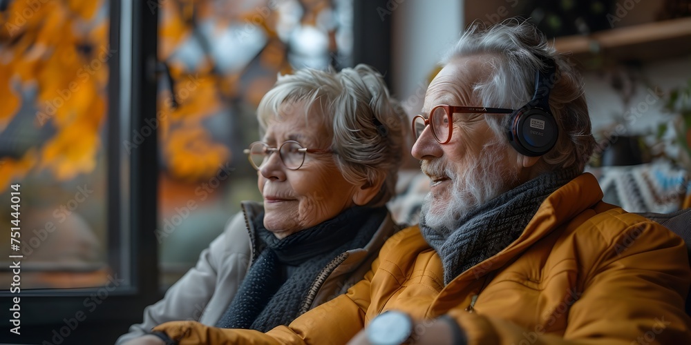 Elderly Couple Enjoying Music Together with Headphones, To convey the message of companionship, appreciation, and enjoyment of music among seniors, Elderly Couple Enjoying Music Together with Headphones, To convey the message of companionship, appreciation, and enjoyment of music among seniors,