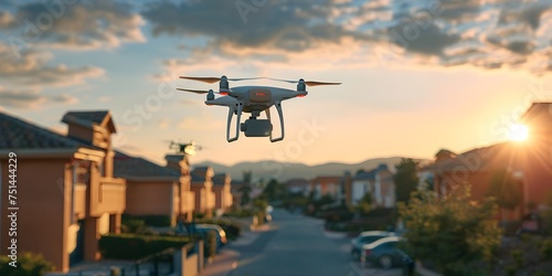 Drone Aerial Flight over Street at Sunset, To showcase the benefits of drone technology for residents and businesses in urban areas,
