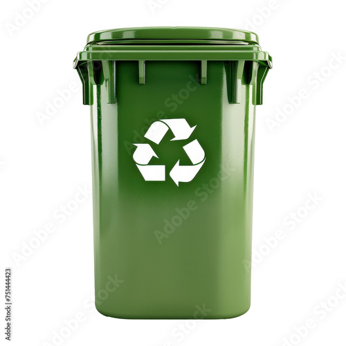 Green Recycling Bin With Embossed Universal Recycle Symbol, Transparent Background, Cut Out