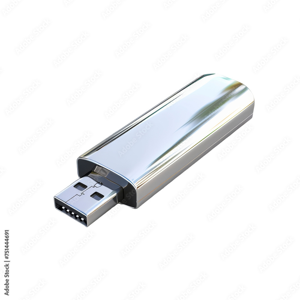 Shiny Silver USB Flash Drive, Transparent Background, Cut Out Shiny Silver USB Flash Drive, Transparent Background, Cut Out