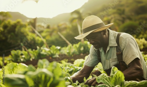 Afro-American man wearing a straw hat and smiling as he harvests fresh organic crops from his bountiful field