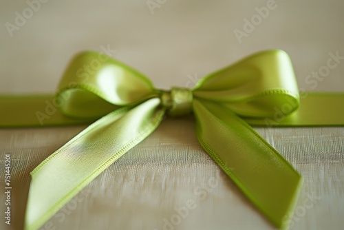 a thin green ribbon bow with horizontal ribbon isolated on white, mothers Day, decorative bow