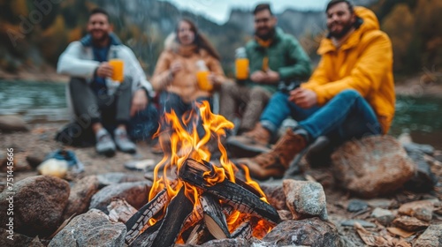 family enjoy a campfire in the forest. Holiday Traveling. Outdoor activity.