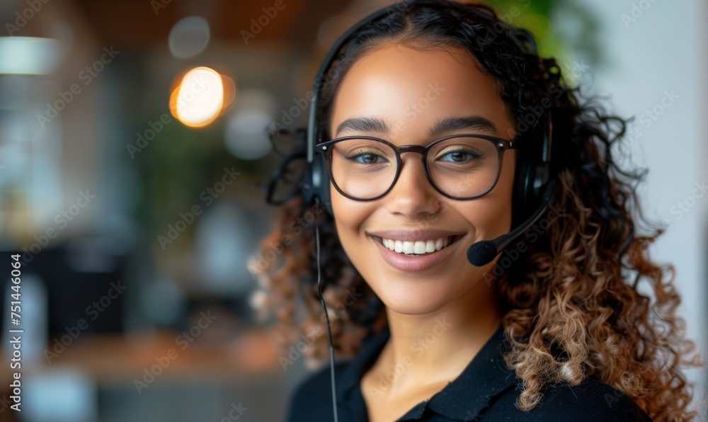 Call center operator smiling warmly at the camera, with a headset on and a cheerful demeanor Call center operator smiling warmly at the camera, with a headset on and a cheerful demeanor