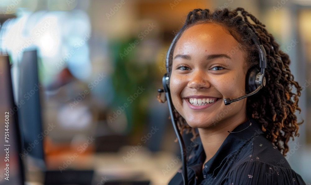 Call center operator smiling warmly at the camera, with a headset on and a cheerful demeanor Call center operator smiling warmly at the camera, with a headset on and a cheerful demeanor