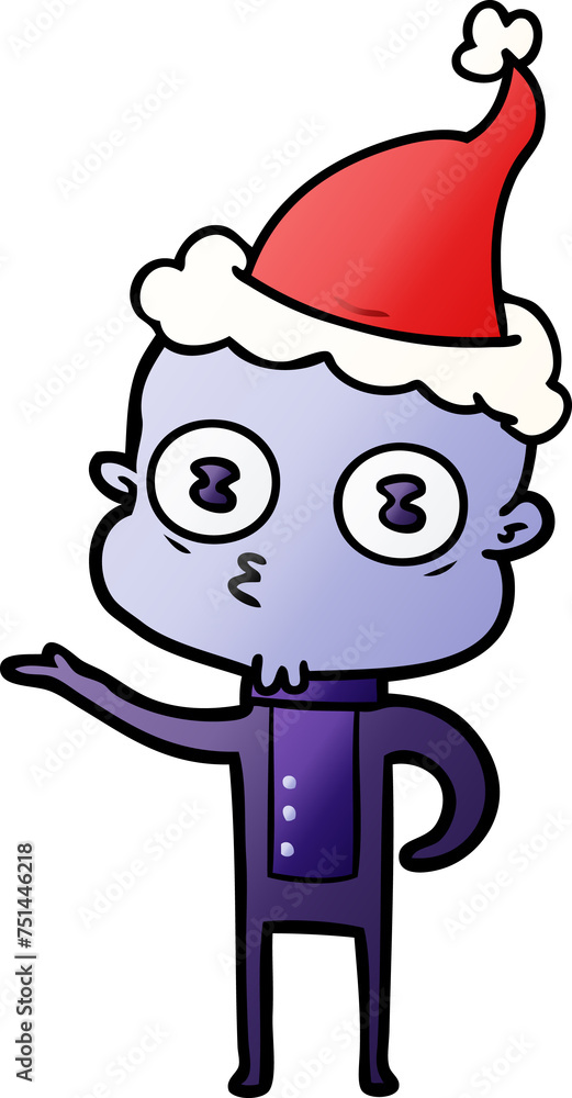 gradient cartoon of a weird bald spaceman wearing santa hat