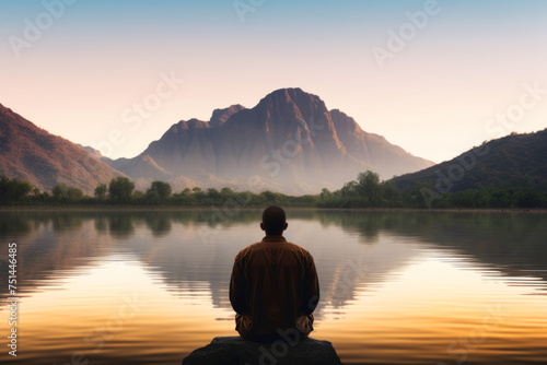 A peaceful scene of a man meditating by a serene mountain lake at sunrise, reflecting tranquility and mindfulness.