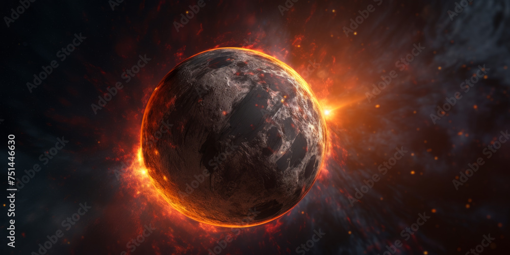 A dramatic depiction of planet with a fiery atmosphere in space, suggesting an apocalyptic or cataclysmic event.