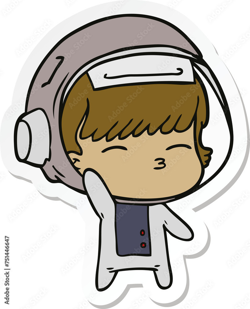 sticker of a cartoon curious astronaut waving