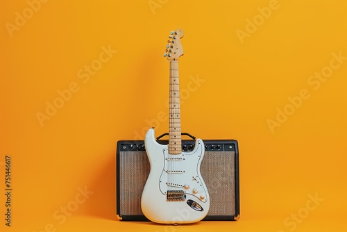 a white electric guitar and amplifier