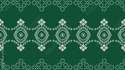 Traditional ethnic motifs ikat geometric fabric pattern cross stitch.Ikat embroidery Ethnic oriental Pixel green background.Abstract,vector,illustration. Texture,scarf,decoration,wallpaper.