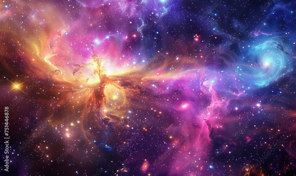 Naklejka premium Beauty of space, with swirling cosmic clouds, shimmering star clusters, and distant planets suspended in the vastness of the universe