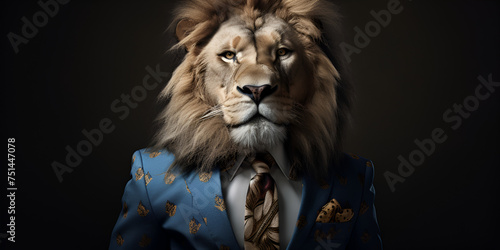 A lion dressed up in a suit and tie in the style of photorealistic surrealism light violet  A Lion wearing clothes like a Boss Art by Generative AI 