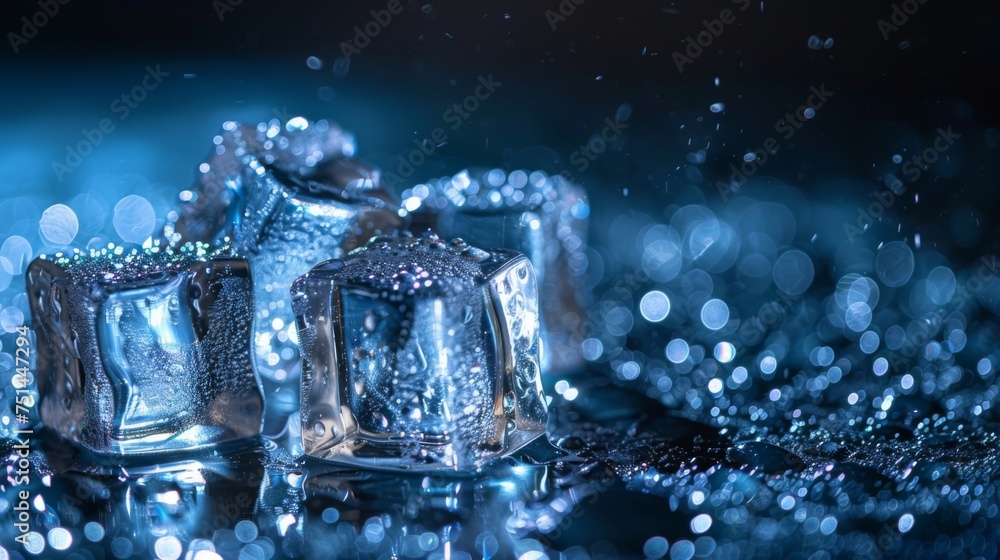 Ice cubes arranged in a stylish composition, highlighting the frosty texture and cool elegance of the frozen cubes against a dark background Ice cubes arranged in a stylish composition, highlighting the frosty texture and cool elegance of the frozen cubes against a dark background