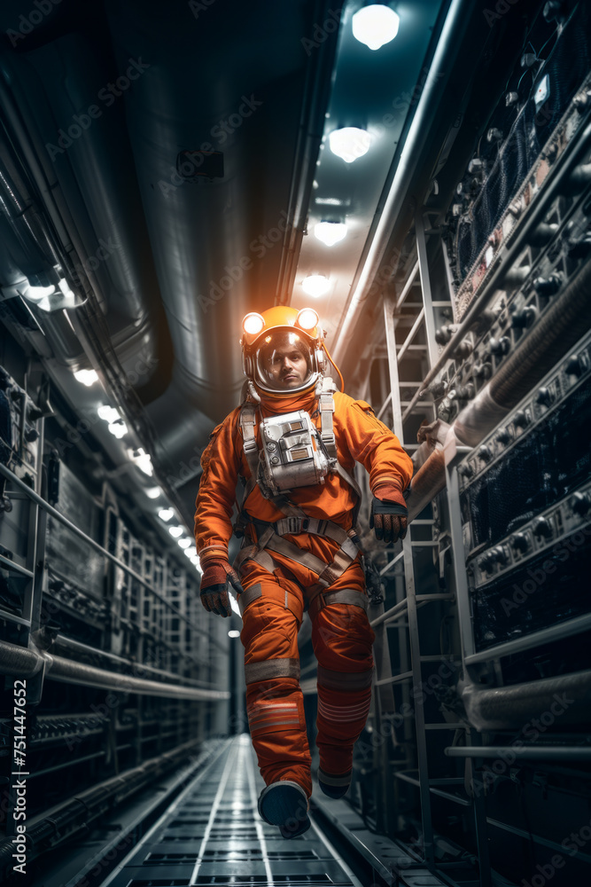 An astronaut in full gear walking through the illuminated corridor of a spacecraft. An astronaut in full gear walking through the illuminated corridor of a spacecraft.