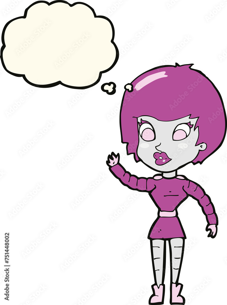 cartoon robot woman waving with thought bubble