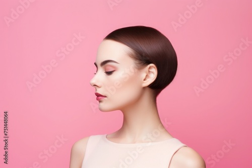 Portrait of women in profile with pixie short stacked bob photo