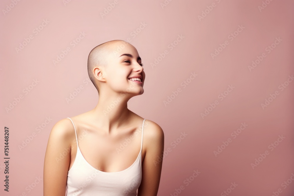 Portrait of a happy bald girl in a tank top. The concept of femininity in any form Portrait of a happy bald girl in a tank top. The concept of femininity in any form
