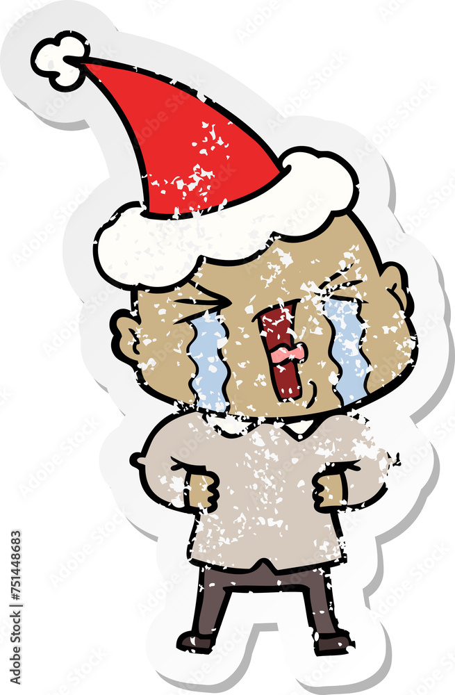 distressed sticker cartoon of a crying bald man wearing santa hat distressed sticker cartoon of a crying bald man wearing santa hat