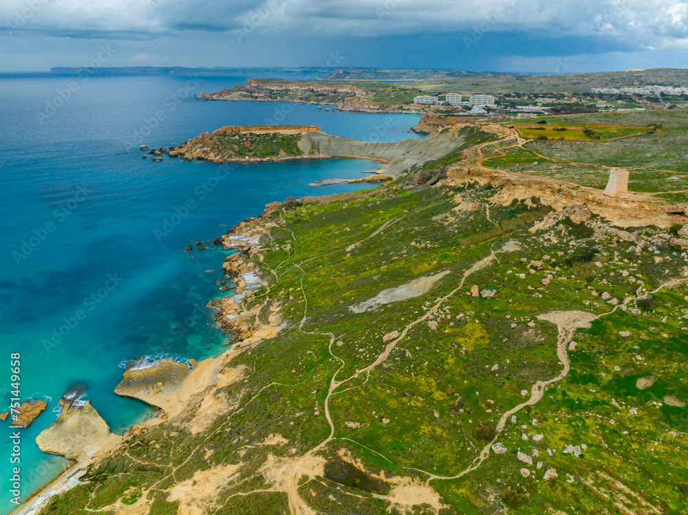 Drone view of Maltese nature landscape, stormy sky. Malta island
