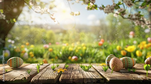 Easter product display table with blur background of easter eggs and spring meadow, perfect, 