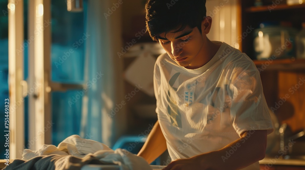 Young man doing the laundry at home - obrazy, fototapety, plakaty 