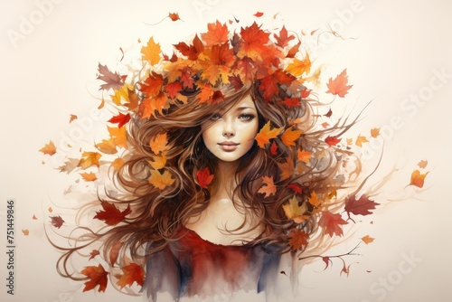Watercolor autumn girl with long hair and leaves on white background