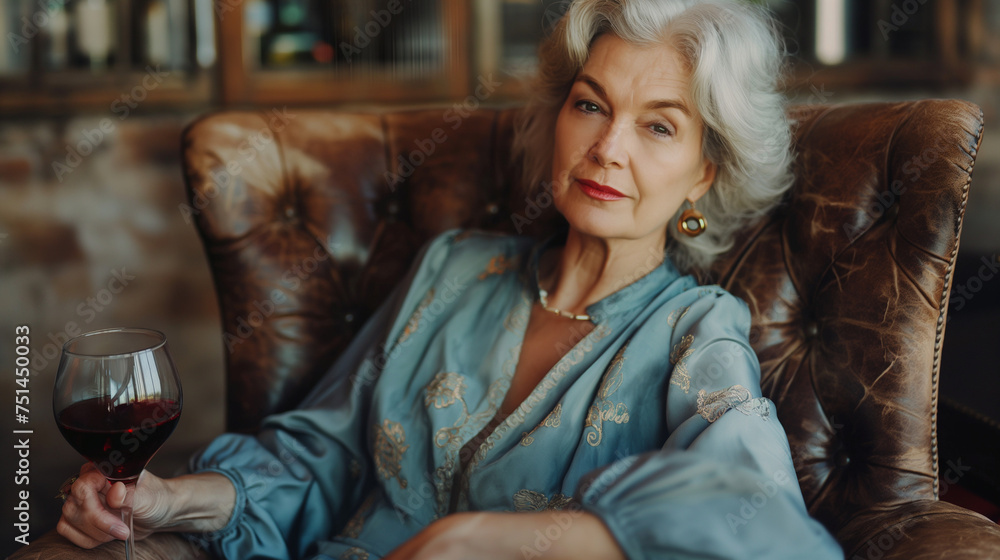 Obraz premium Mature woman in a blue vintage outfit