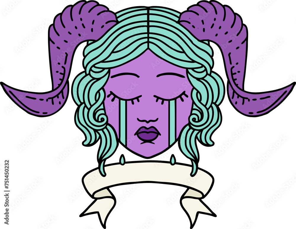 crying tiefling character face with scroll banner illustration crying tiefling character face with scroll banner illustration