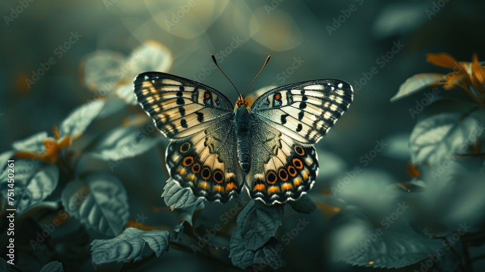 Obraz premium close-up photo of a rare butterfly spreading its wings in a shady forest, macro