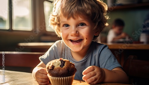 A young boy is seated at a table  holding a muffin with a curious expression  seemingly about to take a bite. He appears engaged with the treat in front of him
