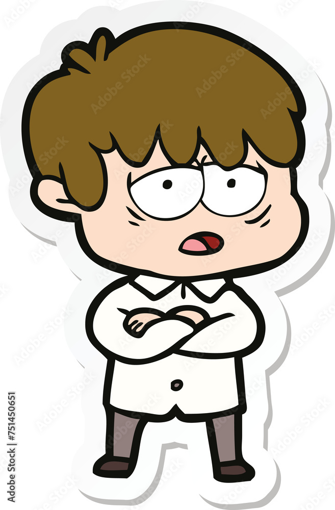 sticker of a cartoon exhausted boy sticker of a cartoon exhausted boy