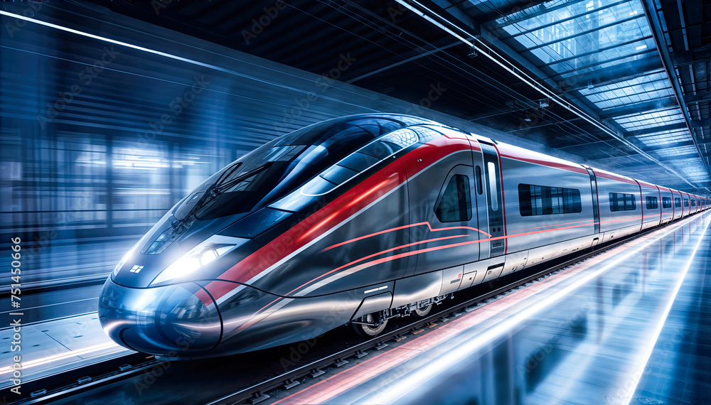 A sleek and futuristic high-speed train races through a modern station A sleek and futuristic high-speed train races through a modern station