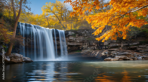 Autumn Foliage Surrounding Waterfall: Enhancing the Scene with Vibrant Fall Colors