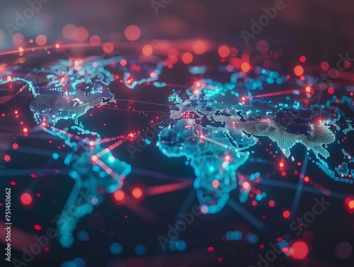 Abstract world map  concept of global network and connectivity  international data transfer and cyber technology  worldwide business  information exchange and telecommunication