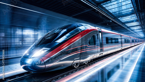 A sleek and futuristic high-speed train races through a modern station