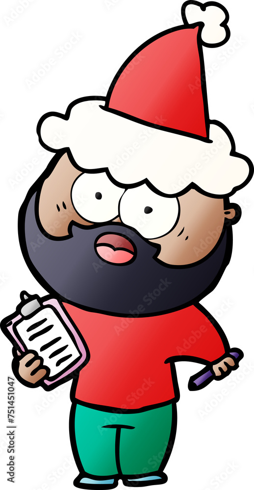 gradient cartoon of a bearded man with clipboard and pen wearing santa hat gradient cartoon of a bearded man with clipboard and pen wearing santa hat