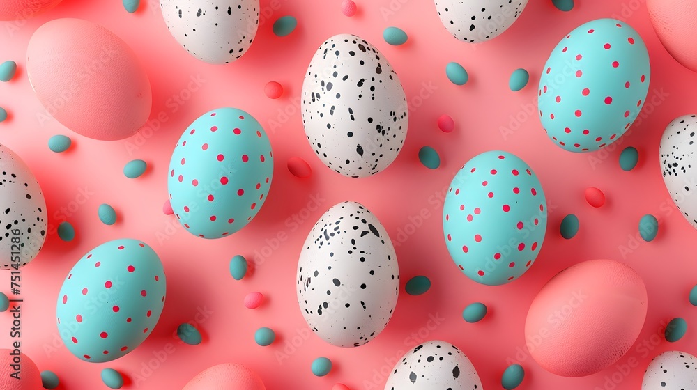 Modern Easter Eggs Delight: Top View with Pink and Mint Dots