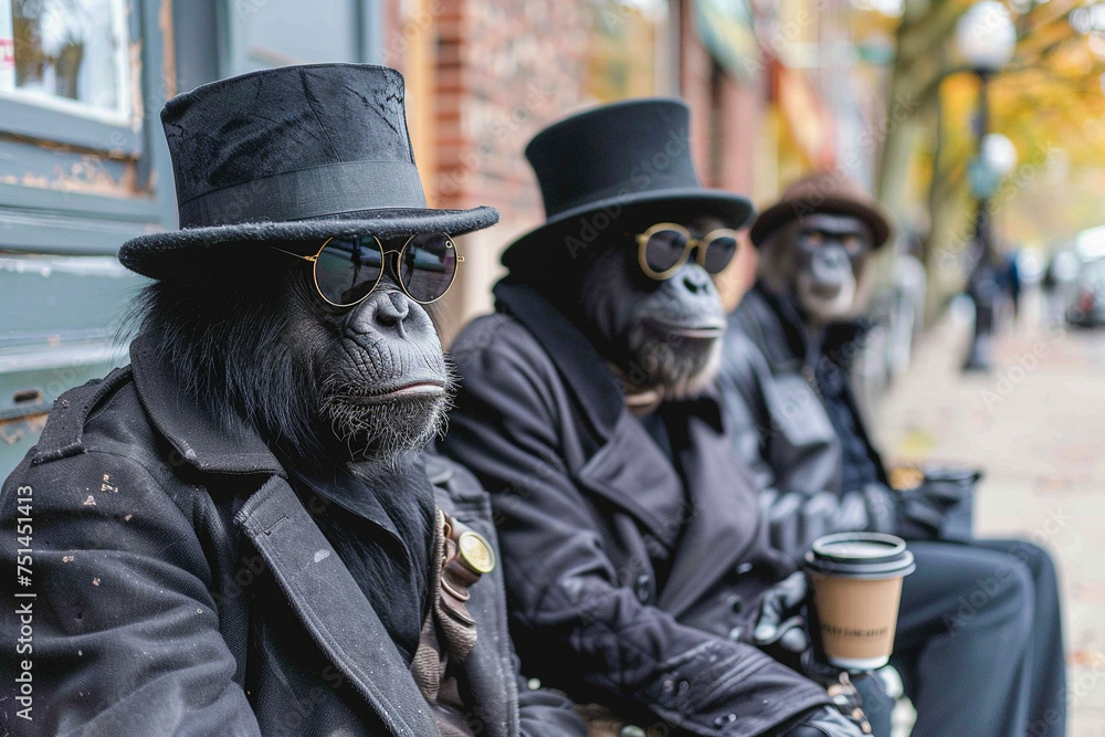 Three chimpanzees dressed in suits and hats sitting on a bench with one holding a coffee cup