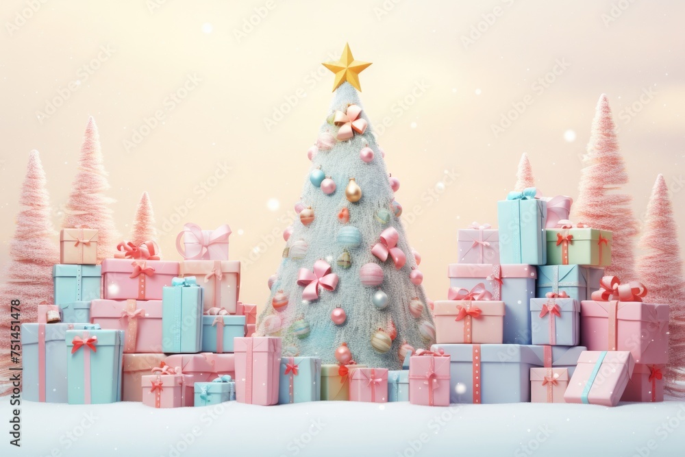 Christmas background with fir tree and gifts in soft pastel colors.