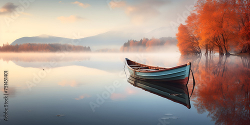 boat on the lake, A picturesque representation of a rowing boat at the heart of a tranquil lake 
