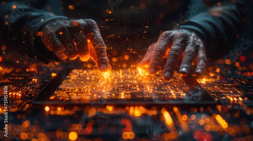 Electrical Fire Flashing as Someone Touches a Computer, Styled in Light Orange and Dark Gold