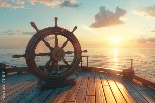 a ship wheel on a deck