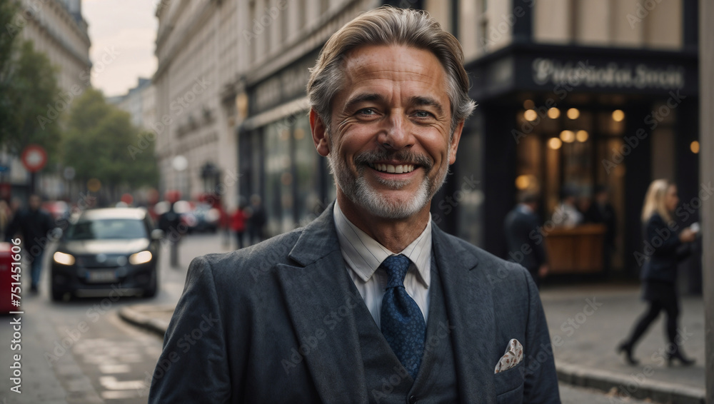 Elegante uomo di 50 anni che lavora nel distretto finanziario di Londra sorridente prima di iniziare la giornata di lavoro